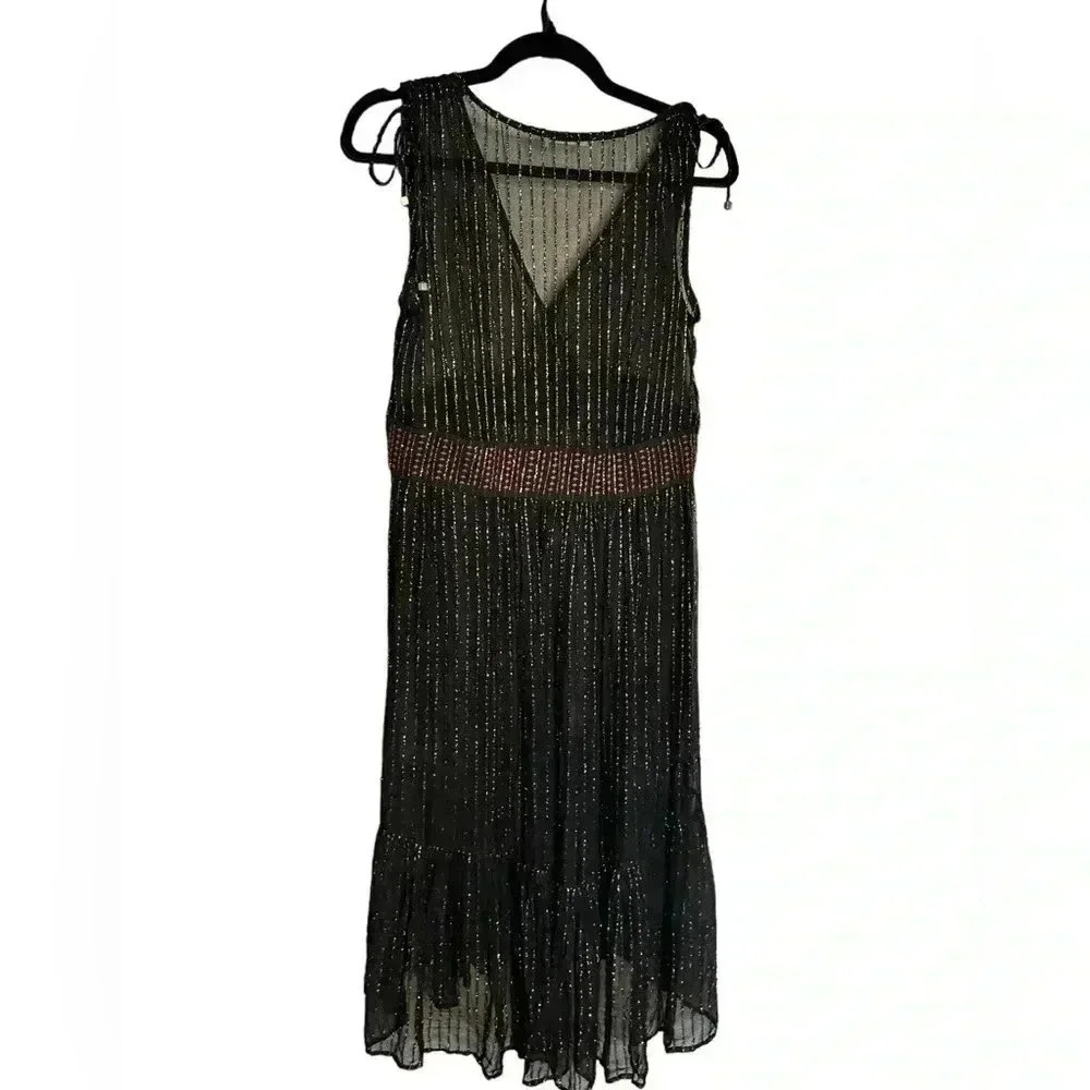 Anthropologie Floreat Annecy Midi Sheer Dress Gold Embellished Shimmer Sz 2 - Picture 5 of 5